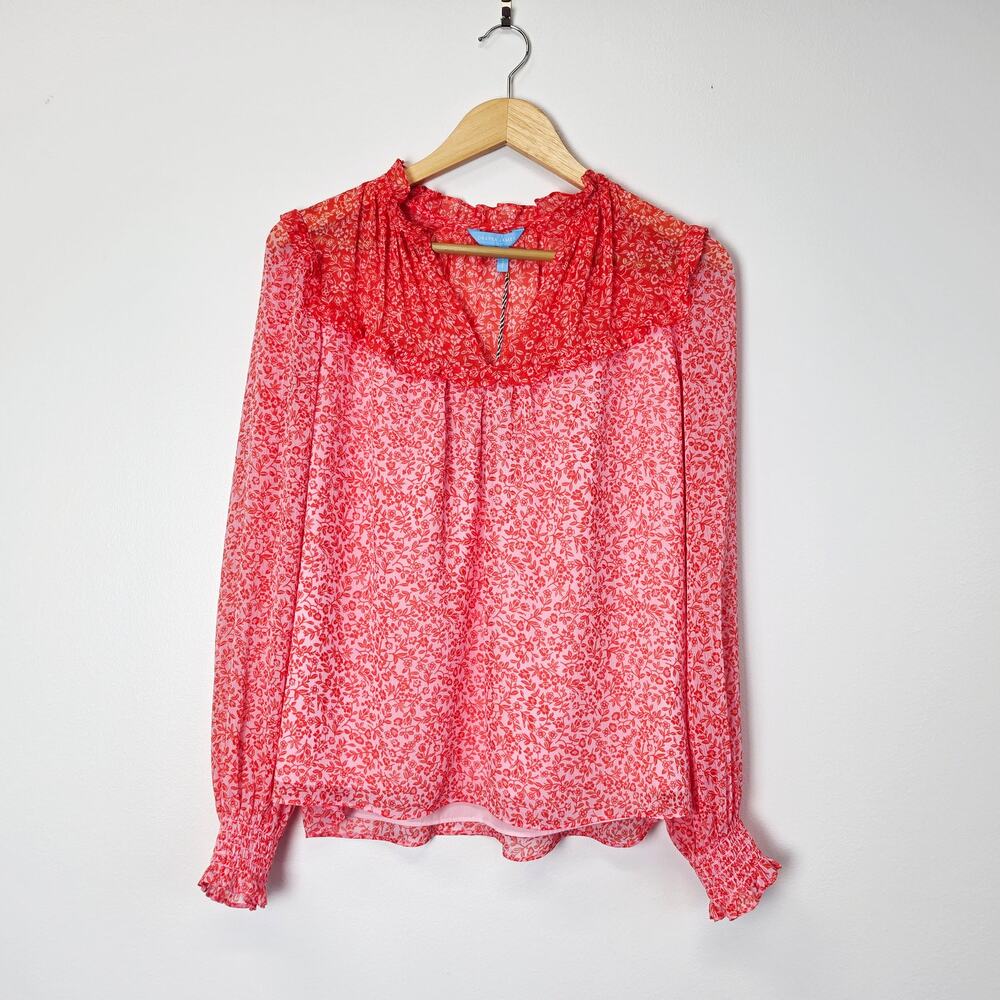 Draper James Floral Ruffle Blouse Pink & Red Long Sleeves Small NEW Boho